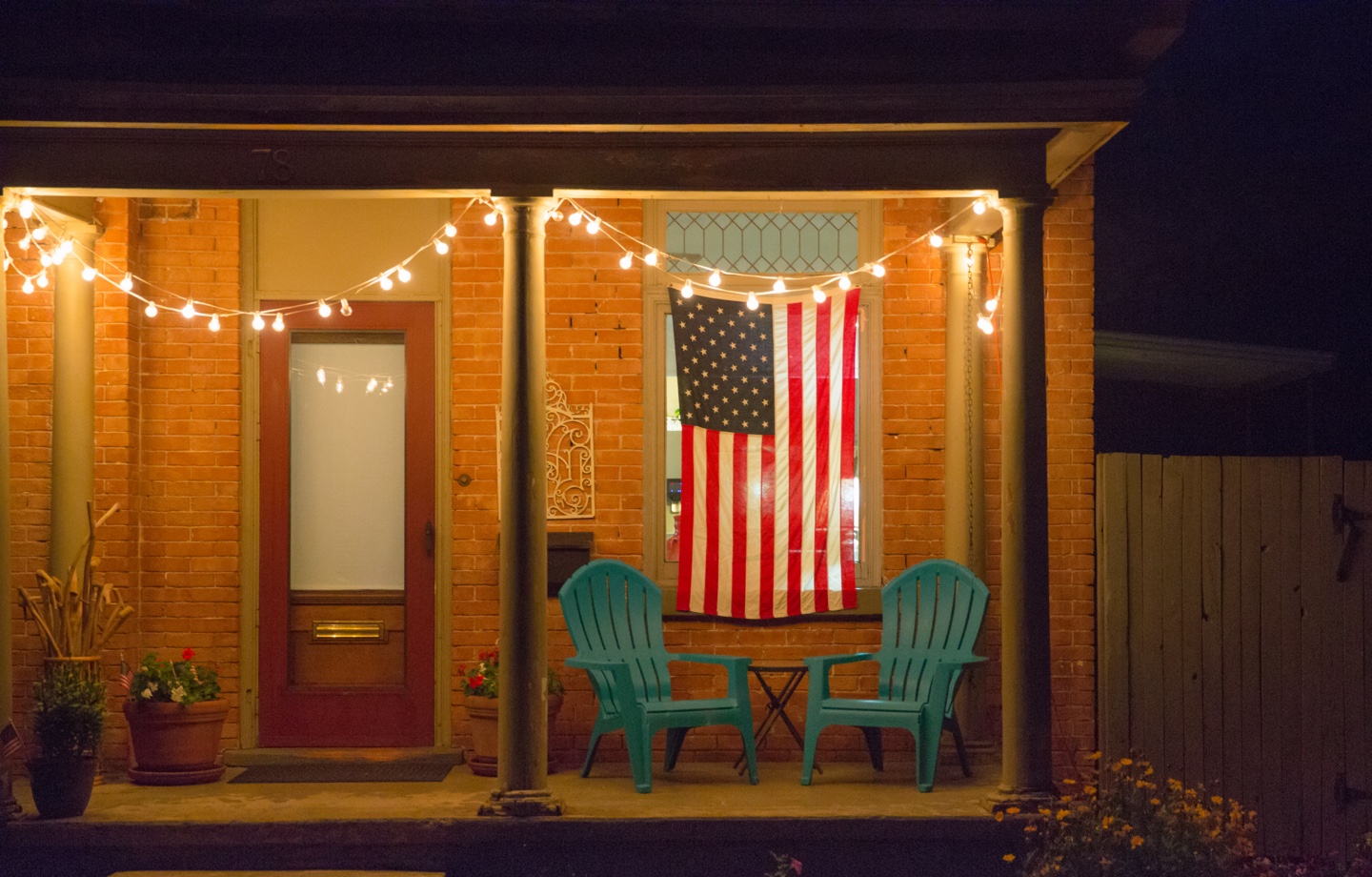 American Flag On Porch With String Lights Header