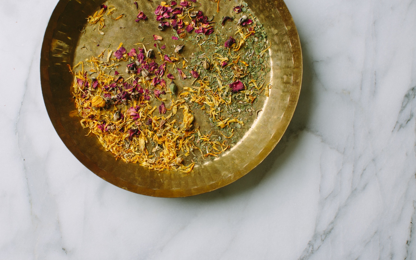 Dried Herbs and Flowers on Brass Tray