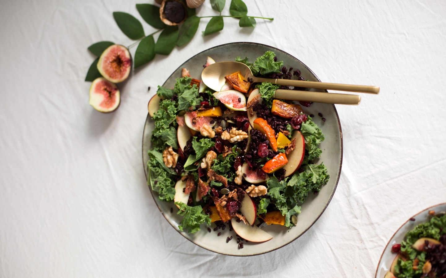 Healthy Autumn Kale Salad With Figs, Apple, Walnuts, and Dried Cranberries Flat Lay