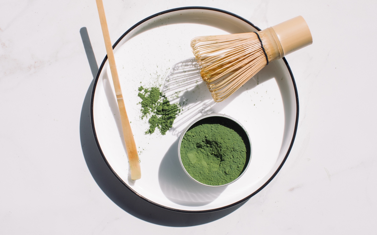 Matcha With Whisk and Scooper Flat Lay