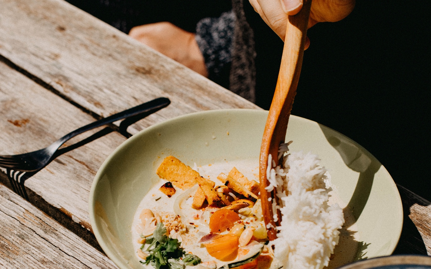 Adding Rice To Green Curry Tofu