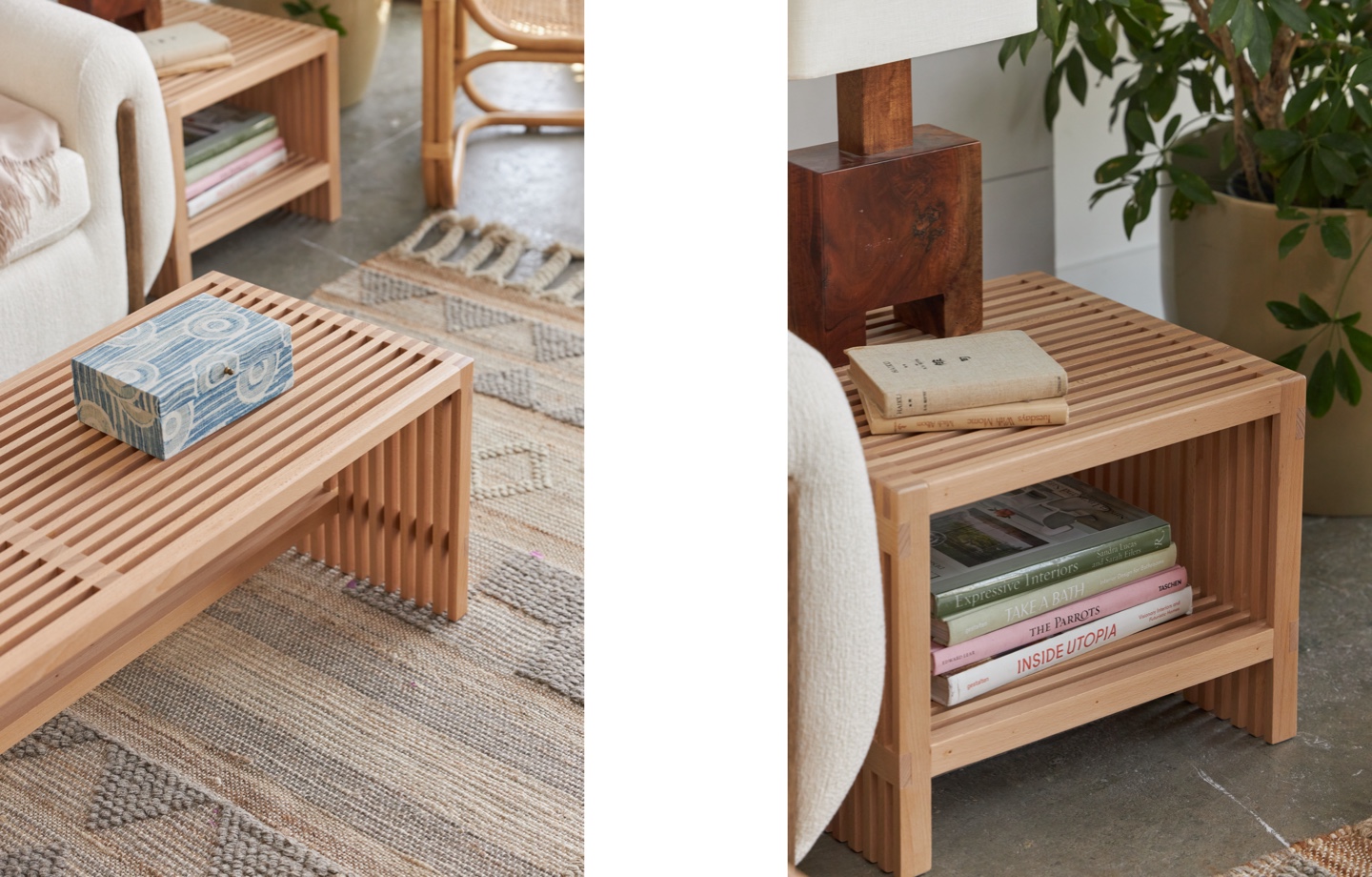 Avocado Zero Waste Slatted Bench and Slatted Wood Side Table