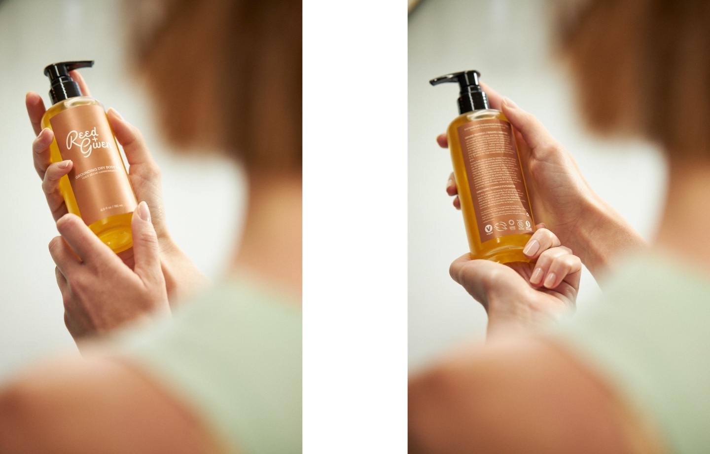 Woman reading dry grounding body oil label