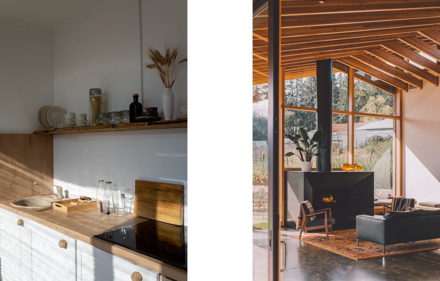 kitchen with induction stovetop and living room with electric fireplace