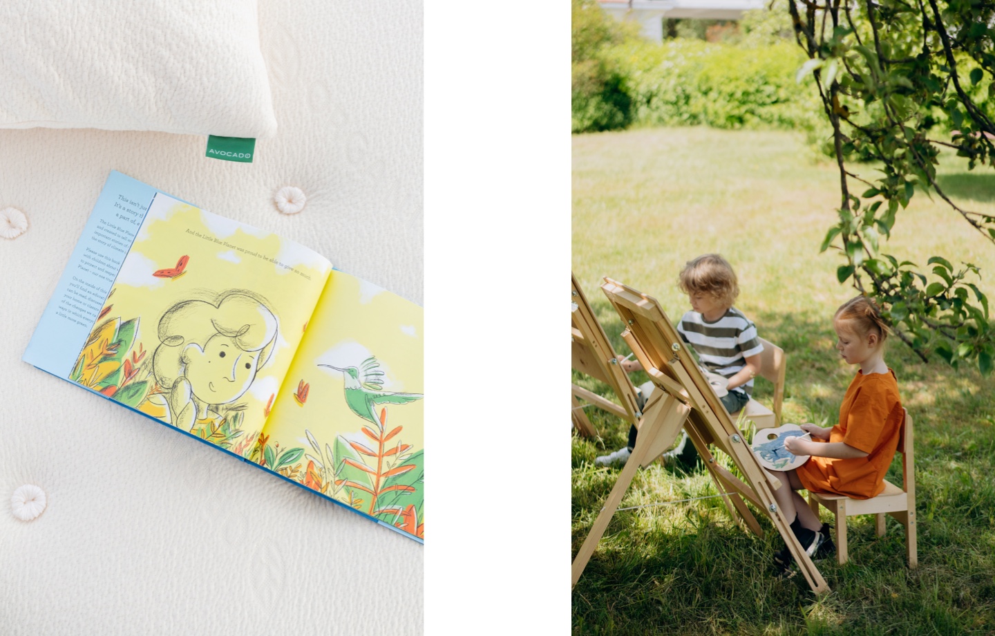 Avocado's A Little Blue Planet Book and two young children painting outside