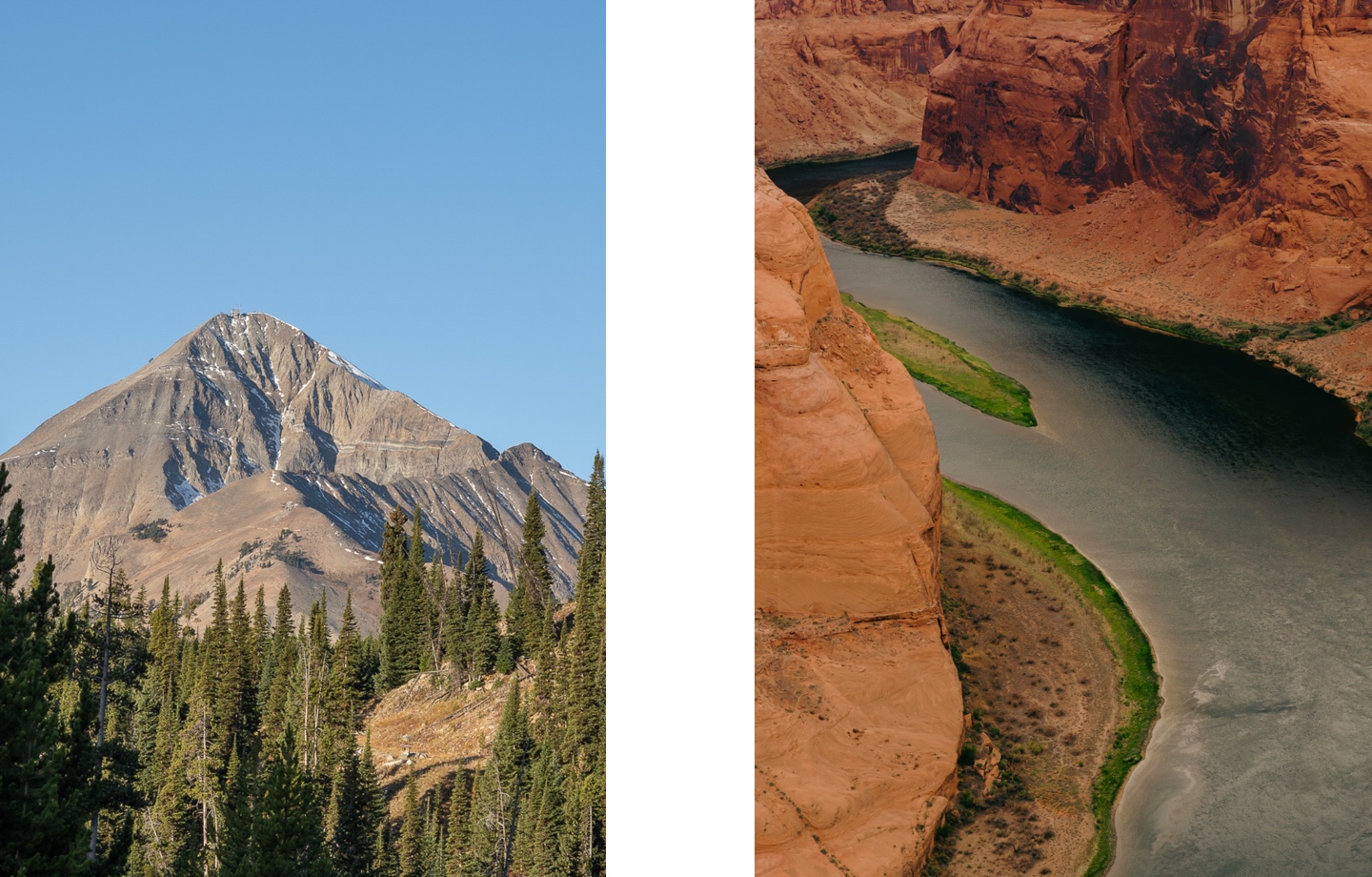 green trees near mountain under the blue sky in big sky montana and a river between brown rocky mountains in horseshoe bend idaho