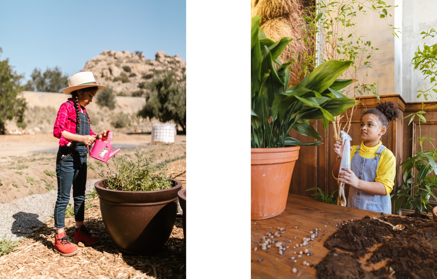 young girls gardening and watering houseplants