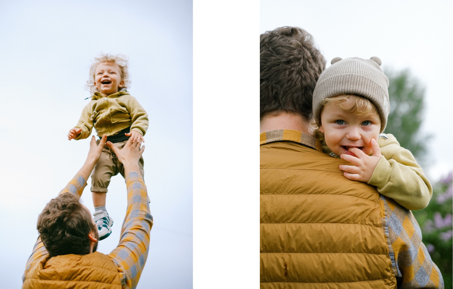 father throwing son in the air