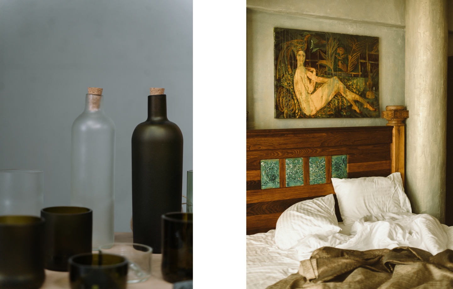 glass bottles and wooden bed frame