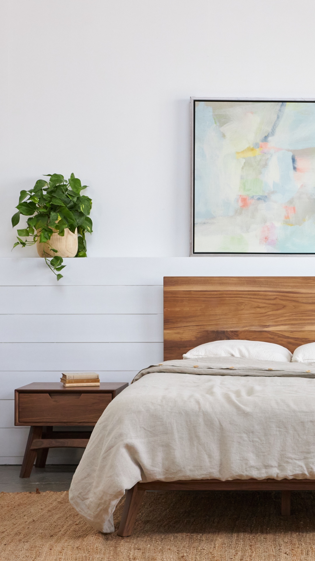 avocado mid century modern bed frame and side table