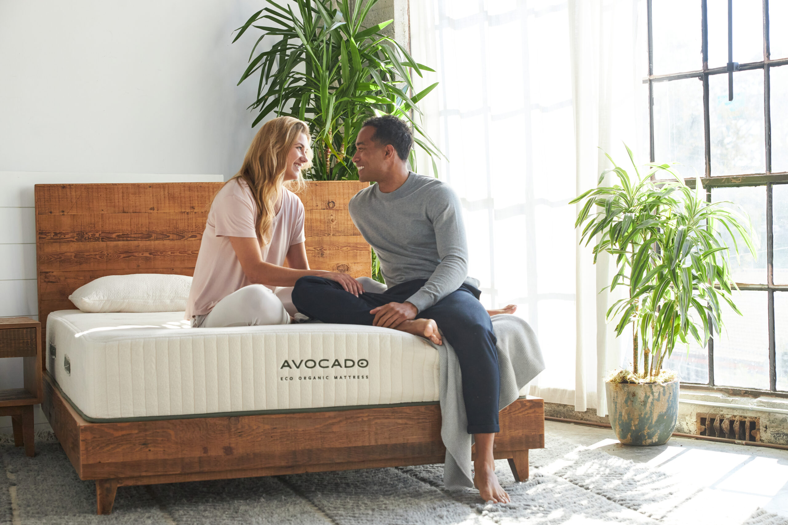 Eco organic mattress with natural wood frame and plants